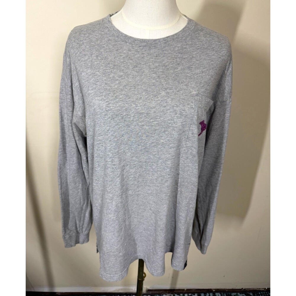 PINK Victoria's Secret Womens Knit T-Shirt M Gray Purple Sequin Dog Pocket 381